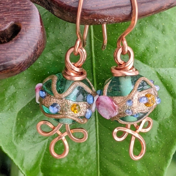 Venetian Emerald Glass Bead Earrings Copper Wire Wrap Colorful Handmade - Picture 12 of 16